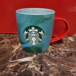 Starbucks Holiday Green Marble Pattern With Red Handle Mug